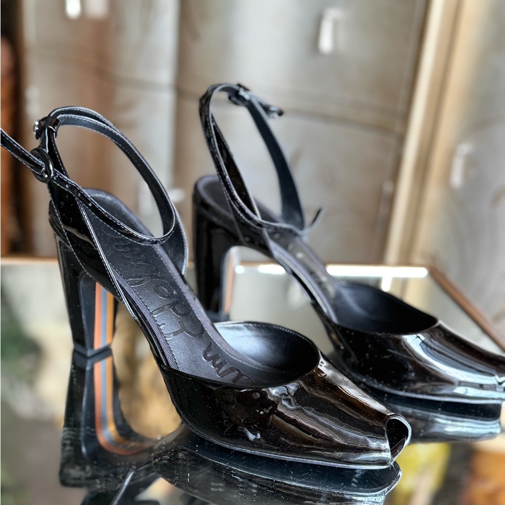 Sam Edelman Black Patent Peep-Toe Slingback Heels - Picture 3 of 12